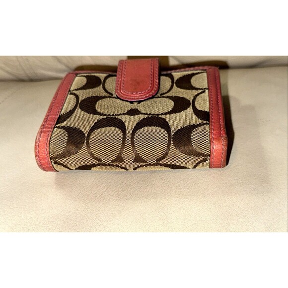 Coach Signature Canvas Tri-Fold Wallet Buckle Tab Leather Trim Brown Pink - Picture 4 of 13